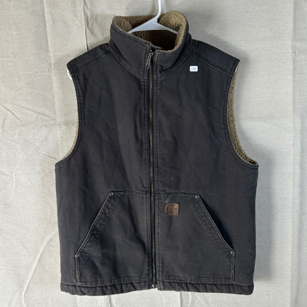 Sorel Mens Canvas Sherpa Lined Workwear Vest Charcoal Grey Full Zip Medium